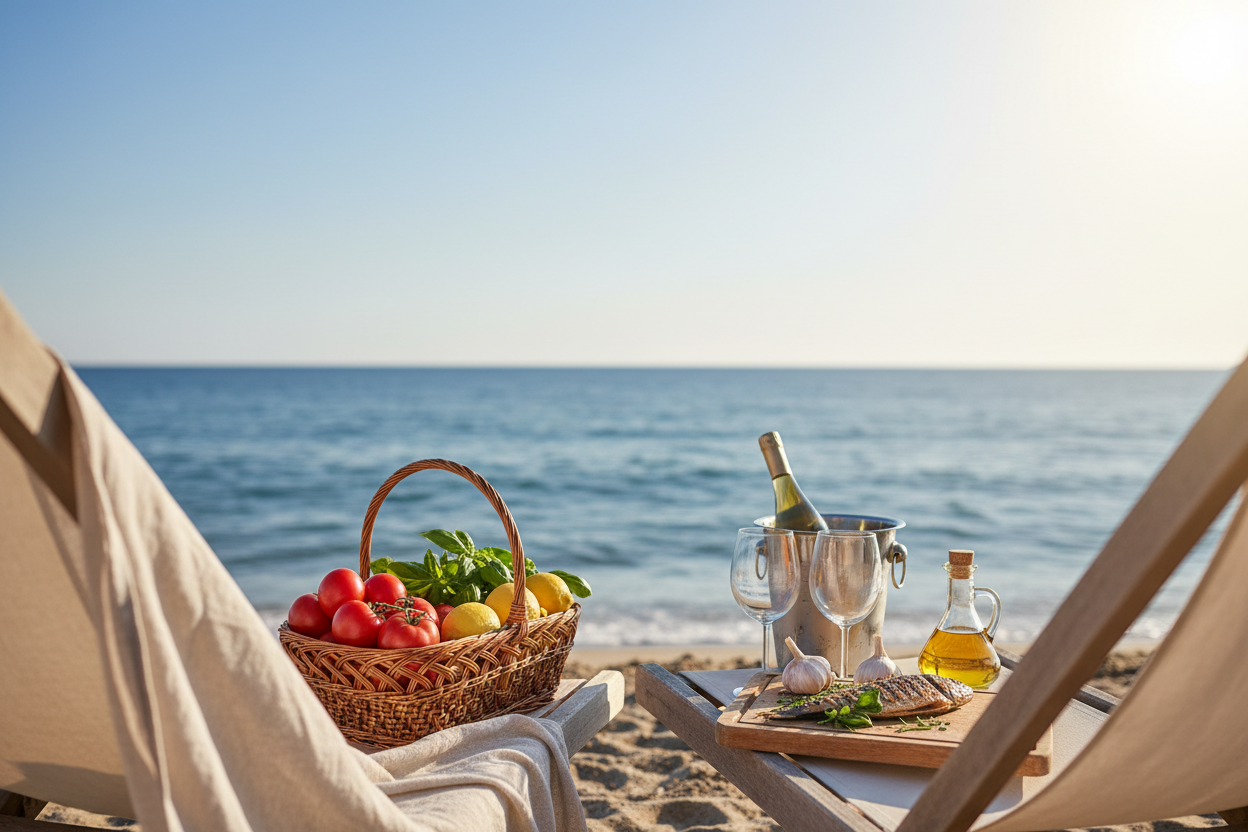 Temporada de verano en la playa: sol brillante, cielo despejado y mar azul profundo. Ingredientes frescos de cocina sentados sobre sillas de playa de madera, mirando el horizonte del mar, con una atmósfera de relajación total, calma y bienestar. Estilo fotográfico realista, luz cálida, colores vibrantes pero suaves, sensación de brisa marina, composición equilibrada y estética limpia, enfoque cinematográfico, alta calidad visual.